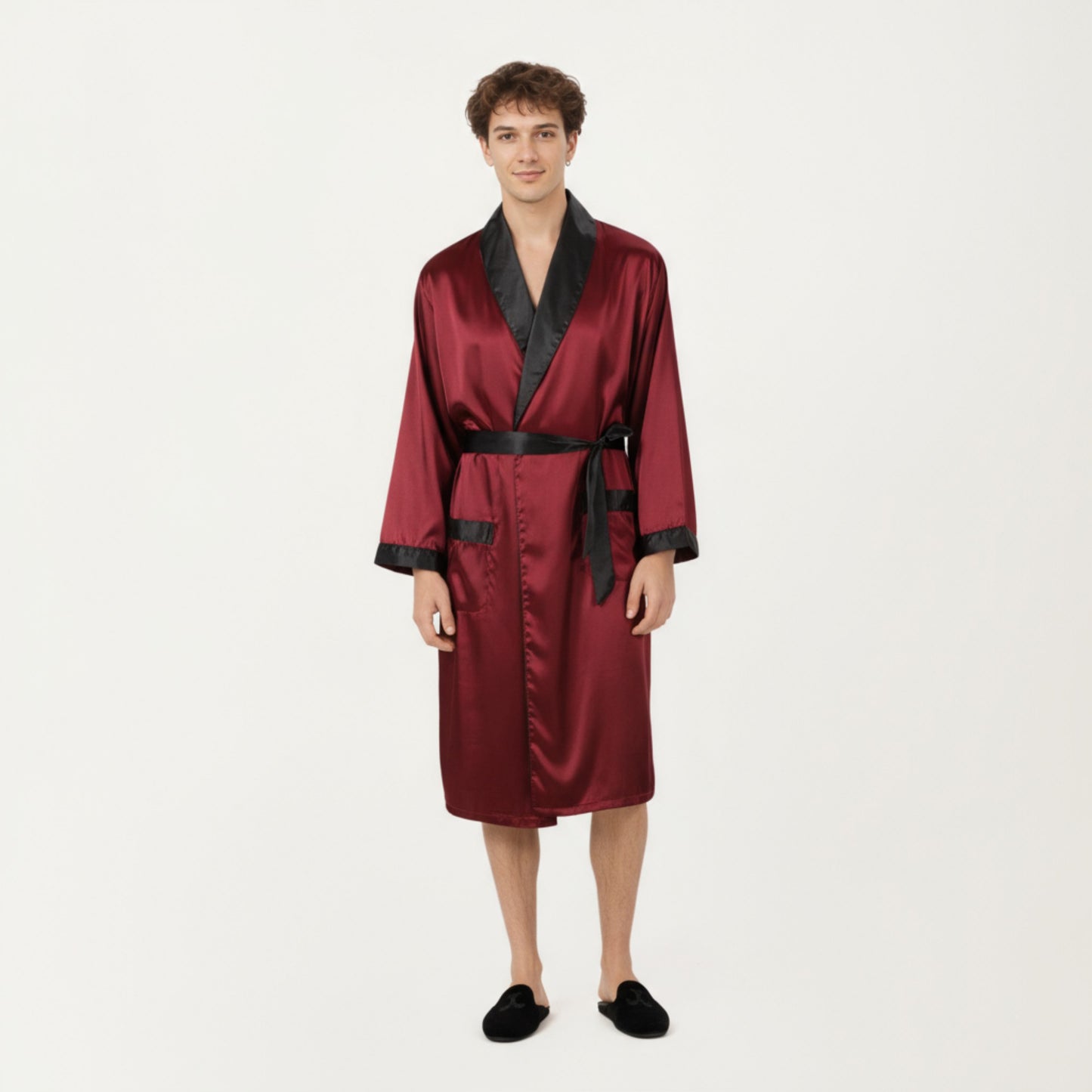 Men's Satin Robe with Contrast Shawl Collar Waist Tie and Front Pockets