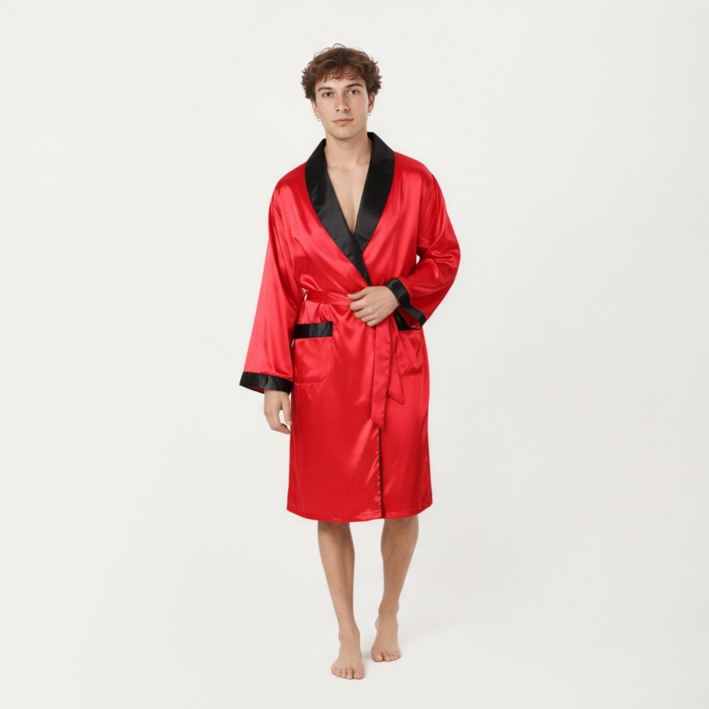Men's Satin Robe with Contrast Shawl Collar Waist Tie and Front Pockets