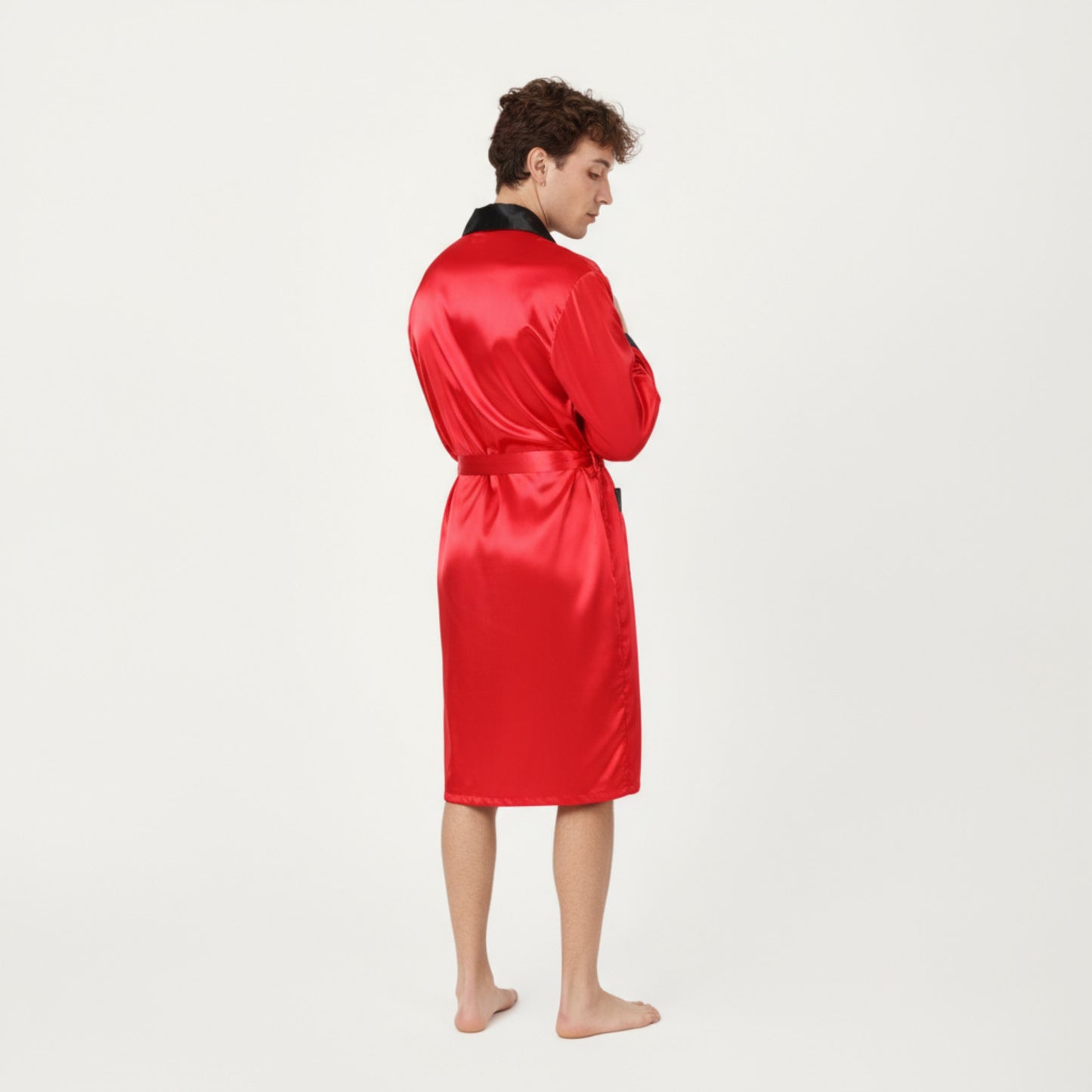 Men's Satin Robe with Contrast Shawl Collar Waist Tie and Front Pockets