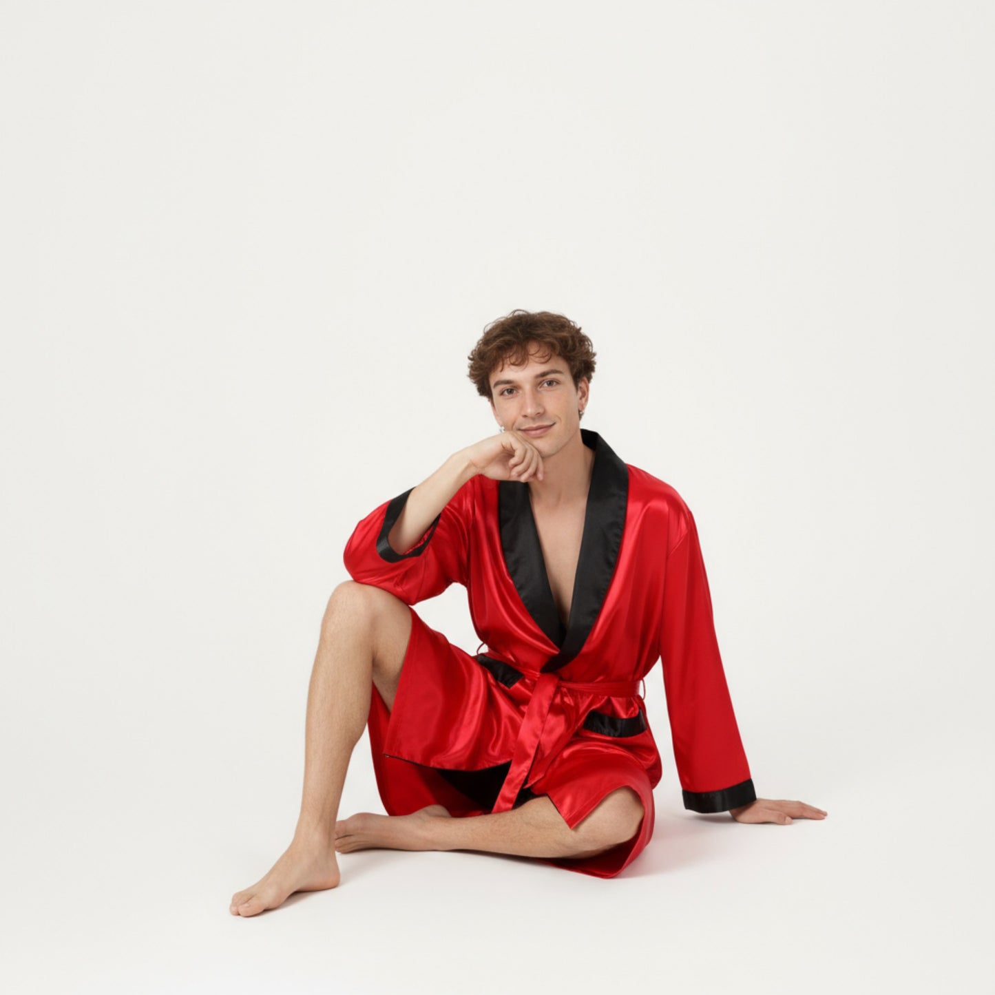 Men's Satin Robe with Contrast Shawl Collar Waist Tie and Front Pockets