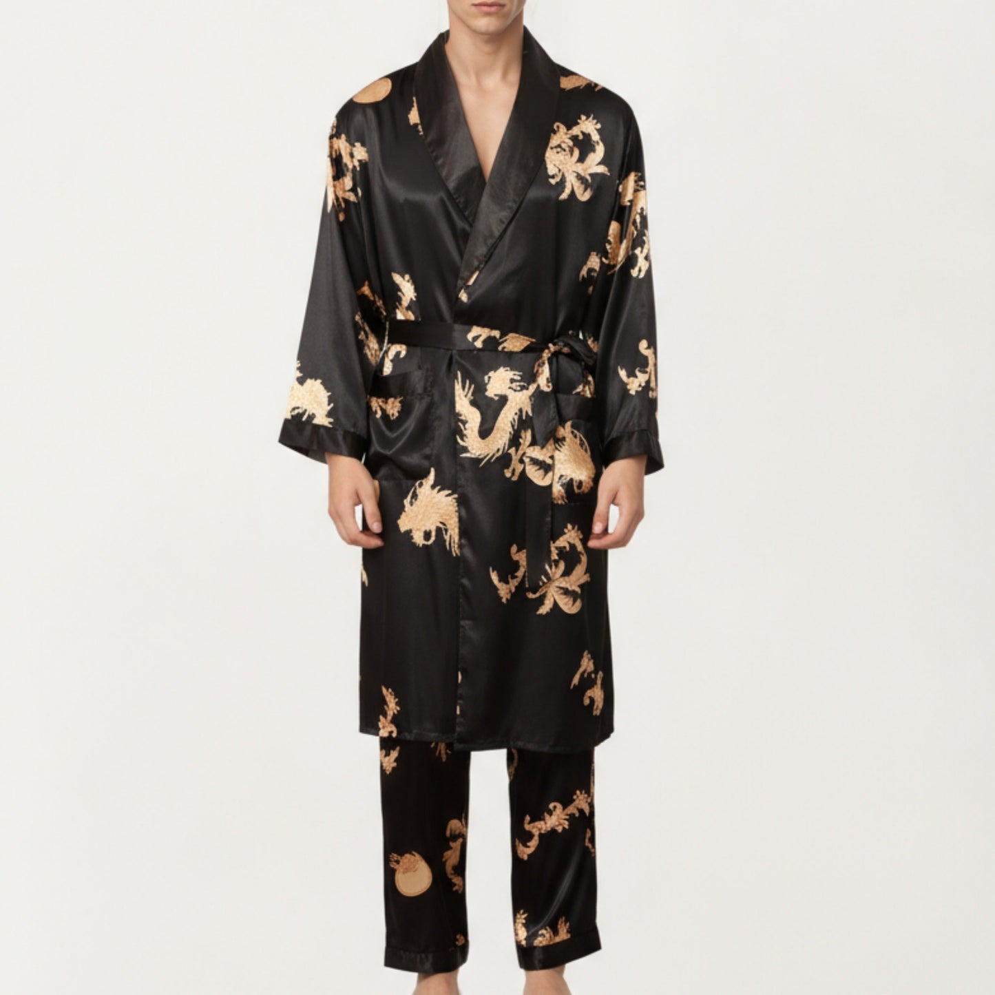 Men's 2-Piece Set Satin Dragon Print Robe and Lounge Pants with Shawl Collar and Waist Tie