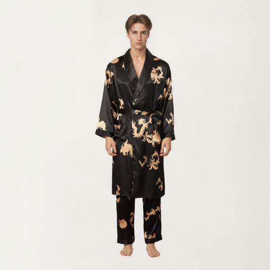 Men's 2-Piece Set Satin Dragon Print Robe and Lounge Pants with Shawl Collar and Waist Tie