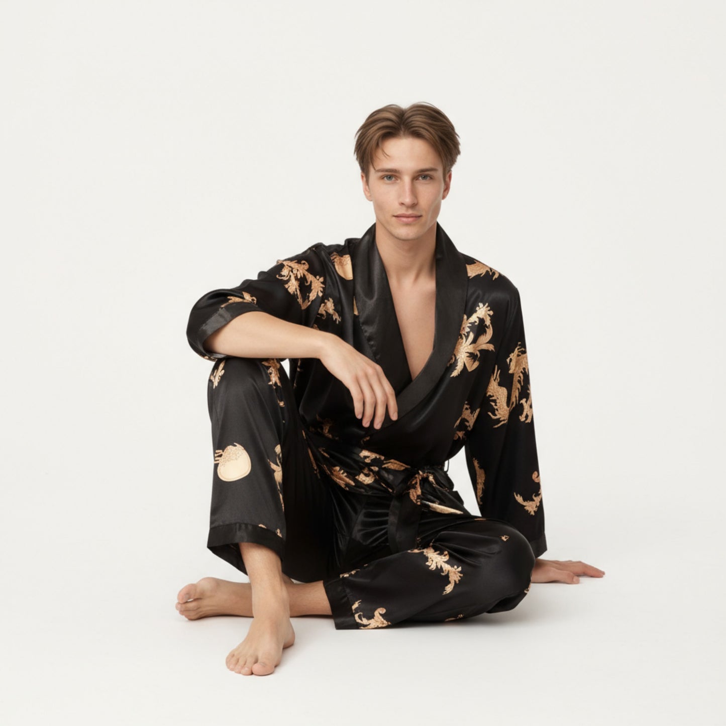 Men's 2-Piece Set Satin Dragon Print Robe and Lounge Pants with Shawl Collar and Waist Tie