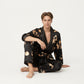Men's 2-Piece Set Satin Dragon Print Robe and Lounge Pants with Shawl Collar and Waist Tie