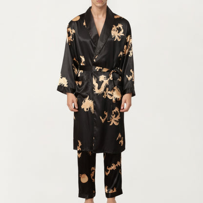 Men's 2-Piece Set Satin Dragon Print Robe and Lounge Pants with Shawl Collar and Waist Tie