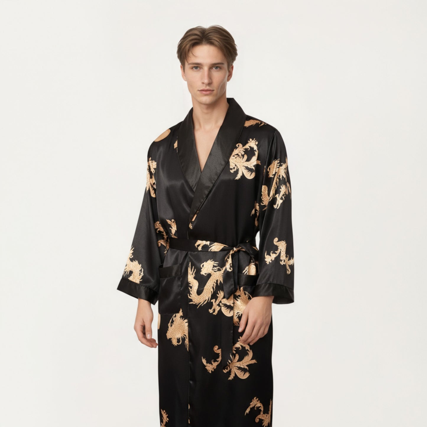 Men's 2-Piece Set Satin Dragon Print Robe and Lounge Pants with Shawl Collar and Waist Tie
