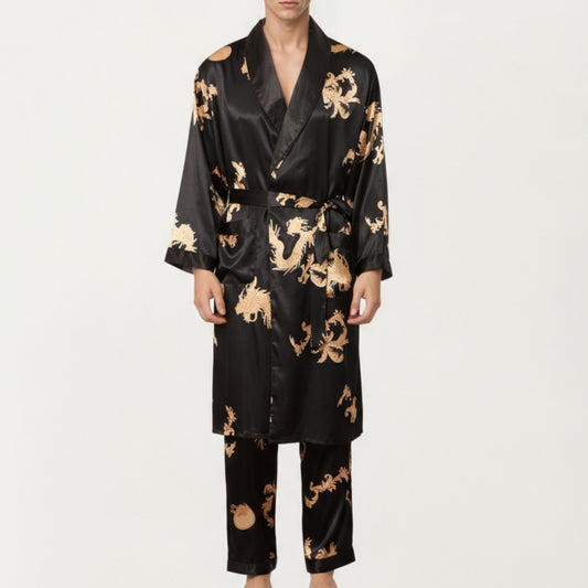 Men's 2-Piece Set Satin Dragon Print Robe and Lounge Pants with Shawl Collar and Waist Tie