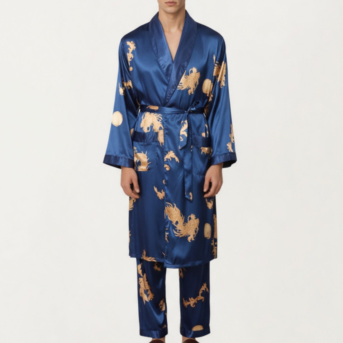 Men's 2-Piece Set Satin Dragon Print Robe and Lounge Pants with Shawl Collar and Waist Tie