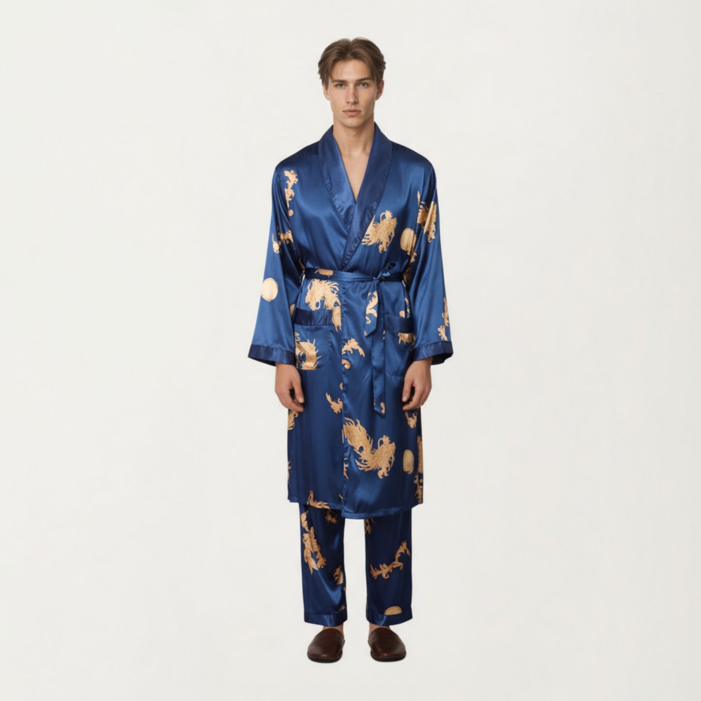 Men's 2-Piece Set Satin Dragon Print Robe and Lounge Pants with Shawl Collar and Waist Tie