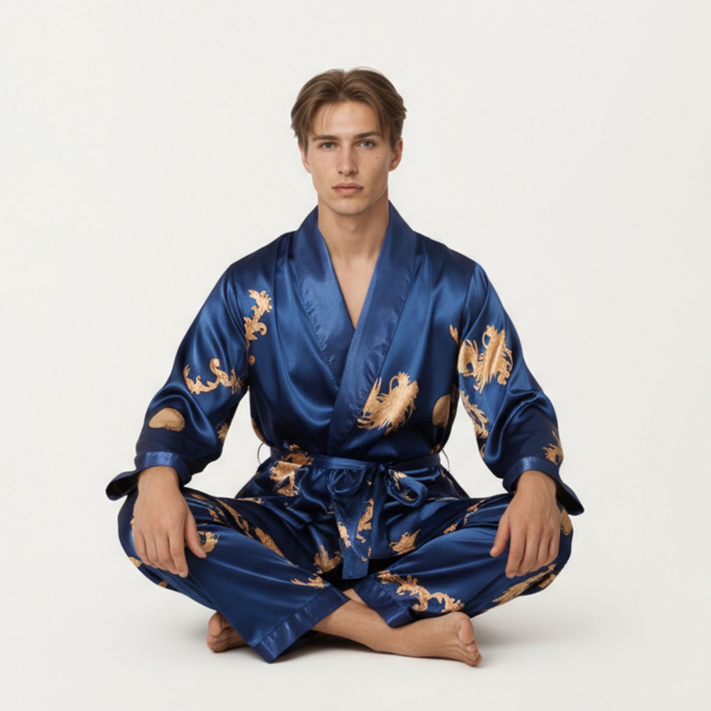 Men's 2-Piece Set Satin Dragon Print Robe and Lounge Pants with Shawl Collar and Waist Tie