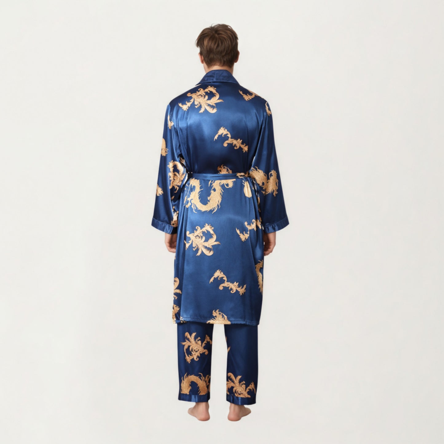 Men's 2-Piece Set Satin Dragon Print Robe and Lounge Pants with Shawl Collar and Waist Tie