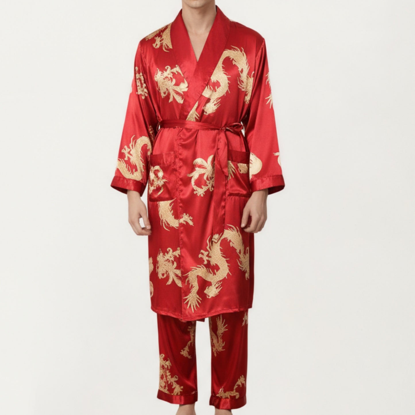 Men's 2-Piece Set Satin Dragon Print Robe and Lounge Pants with Shawl Collar and Waist Tie