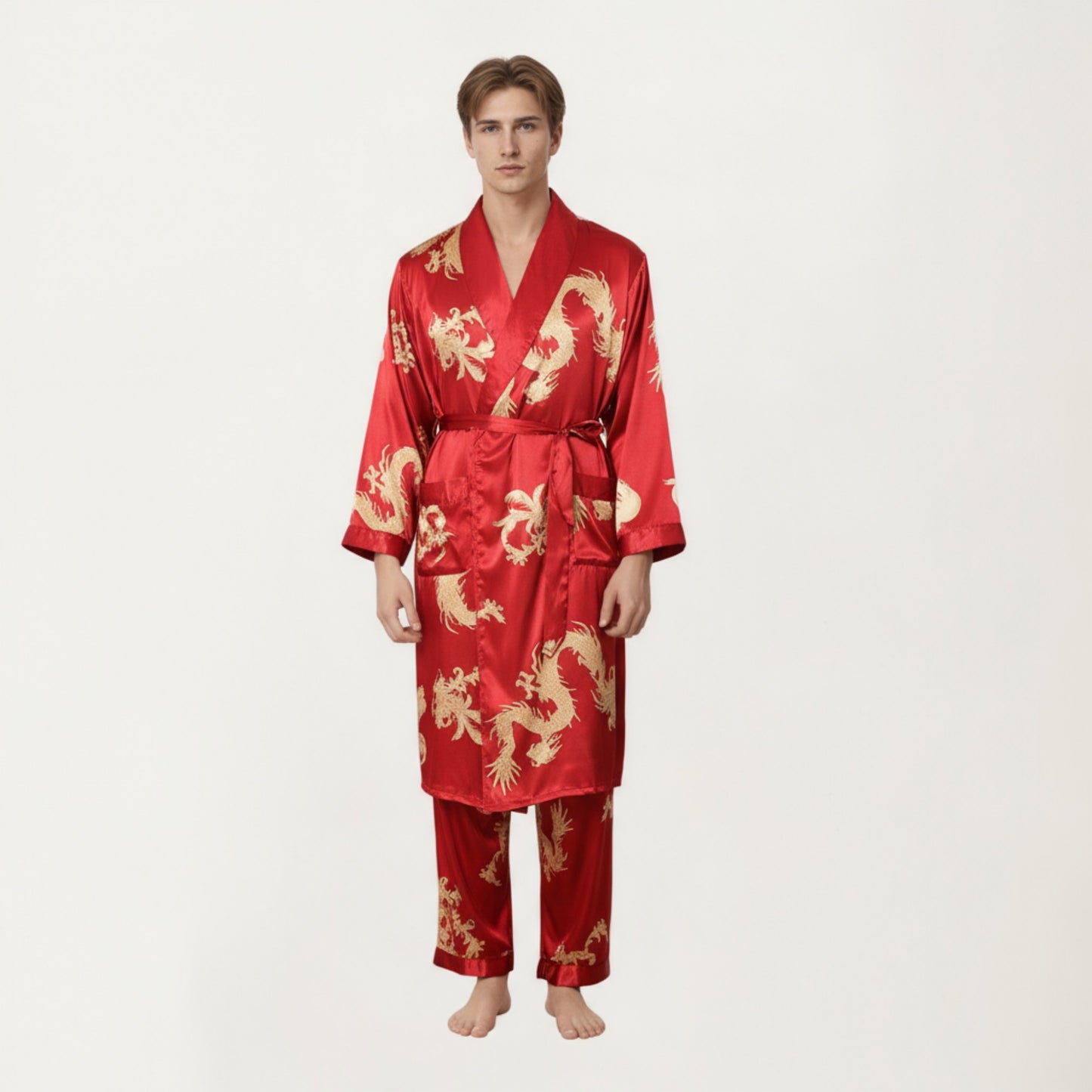 Men's 2-Piece Set Satin Dragon Print Robe and Lounge Pants with Shawl Collar and Waist Tie