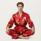Men's 2-Piece Set Satin Dragon Print Robe and Lounge Pants with Shawl Collar and Waist Tie