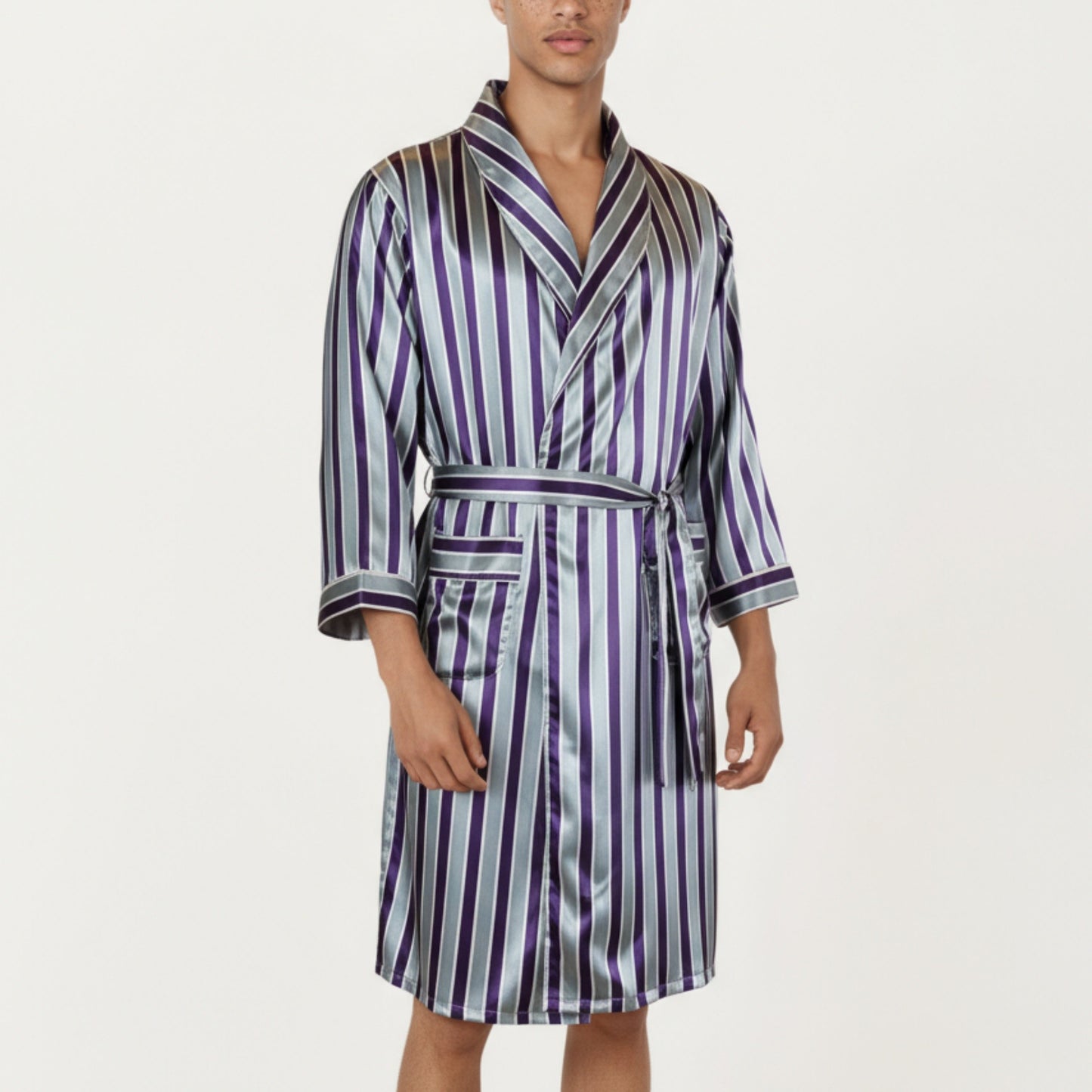 Men's Satin Robe with Shawl Collar Waist Tie and Front Pockets