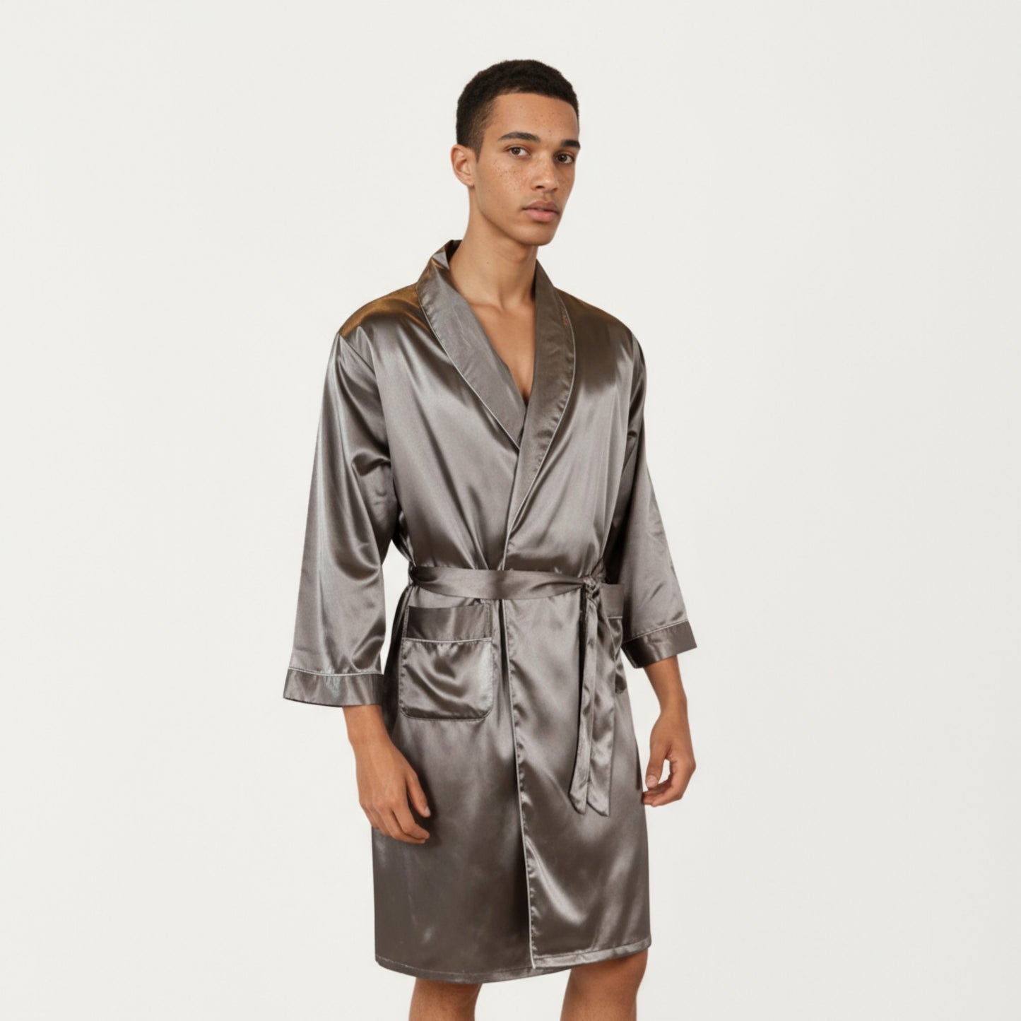Men's Satin Robe with Shawl Collar Waist Tie and Front Pockets