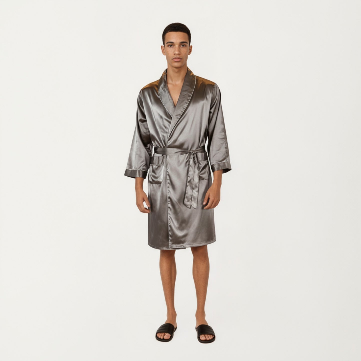 Men's Satin Robe with Shawl Collar Waist Tie and Front Pockets