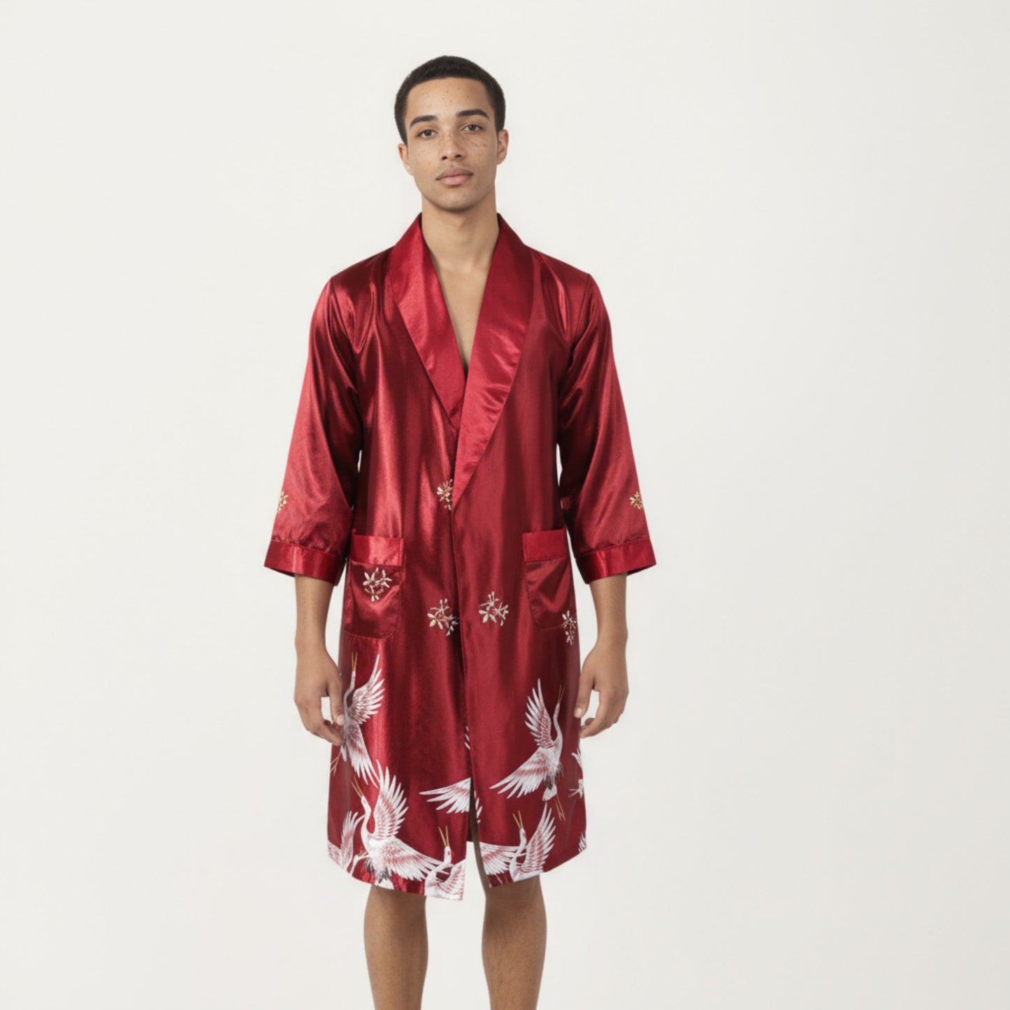 Men's Satin Robe with Shawl Collar Waist Tie and Front Pockets