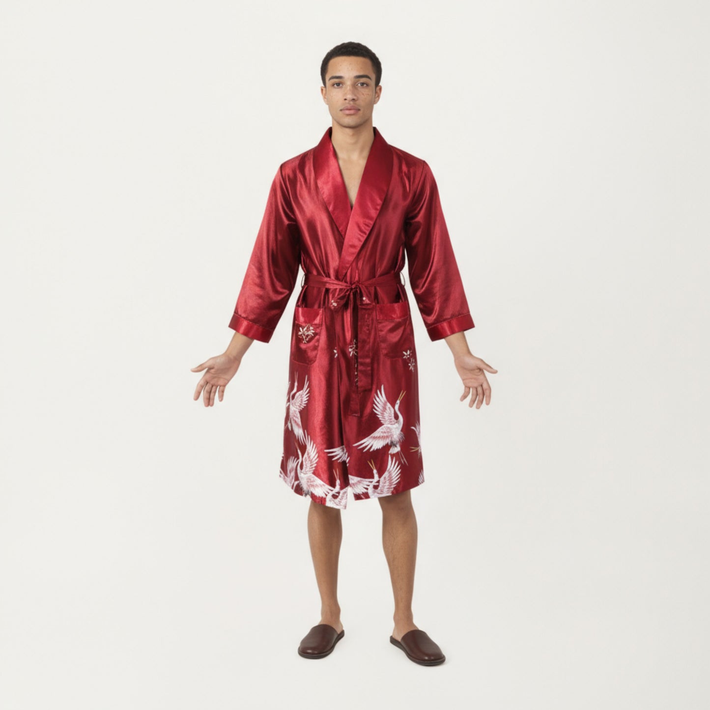 Men's Satin Robe with Shawl Collar Waist Tie and Front Pockets