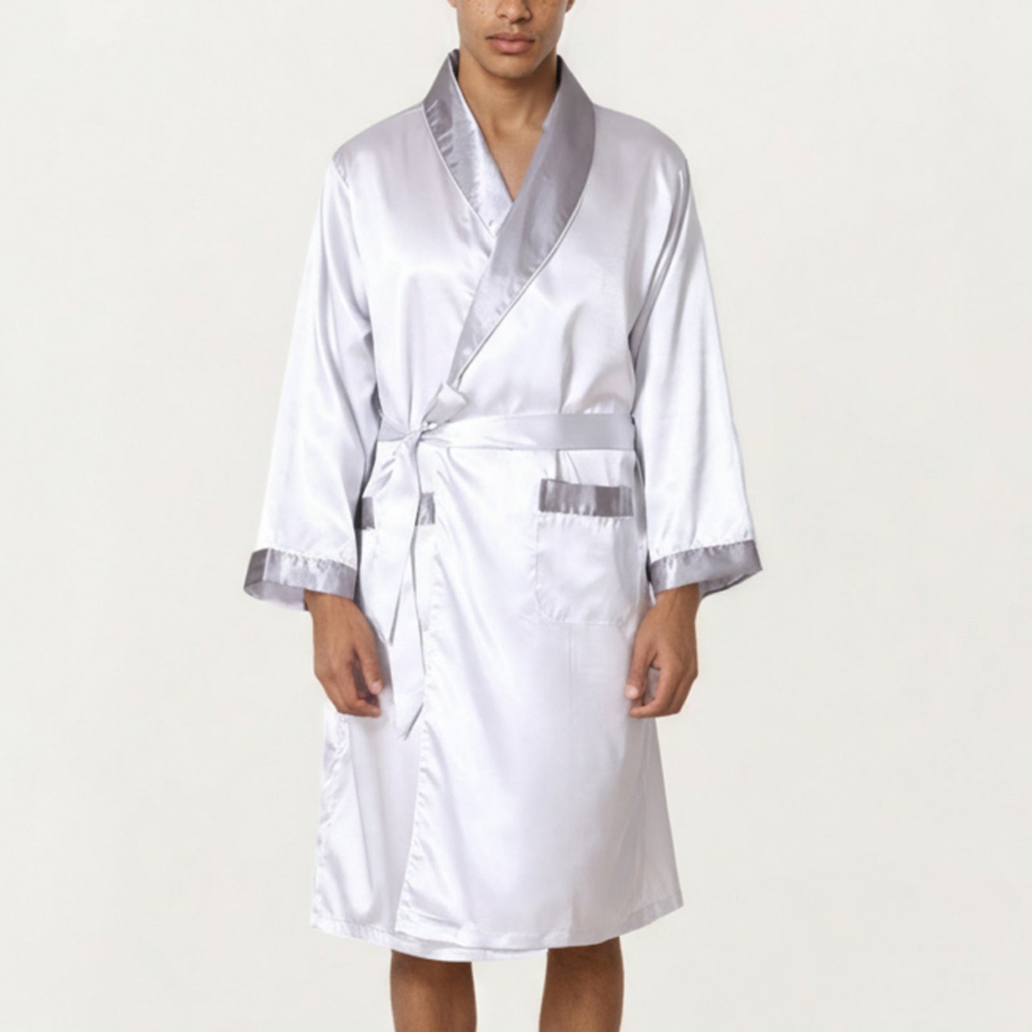Men's Satin Robe with Shawl Collar Waist Tie and Front Pockets