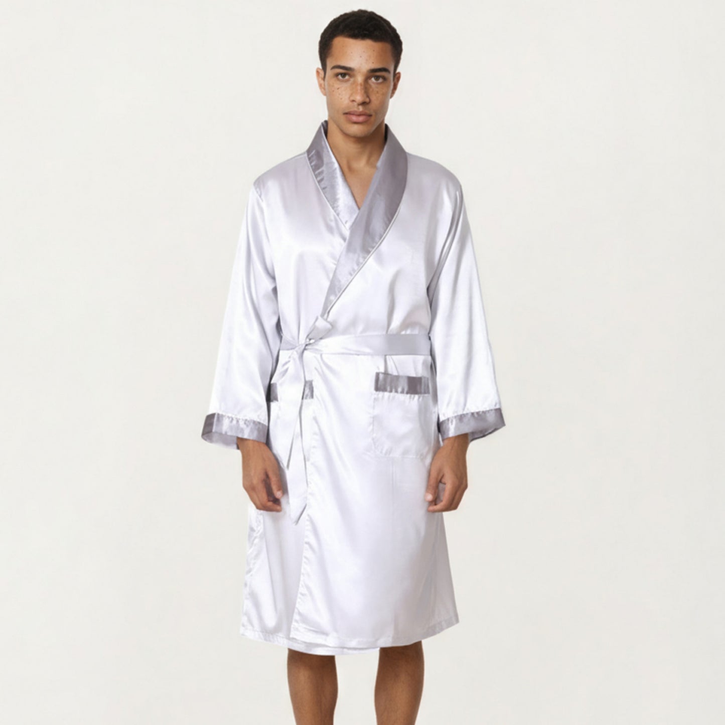 Men's Satin Robe with Shawl Collar Waist Tie and Front Pockets