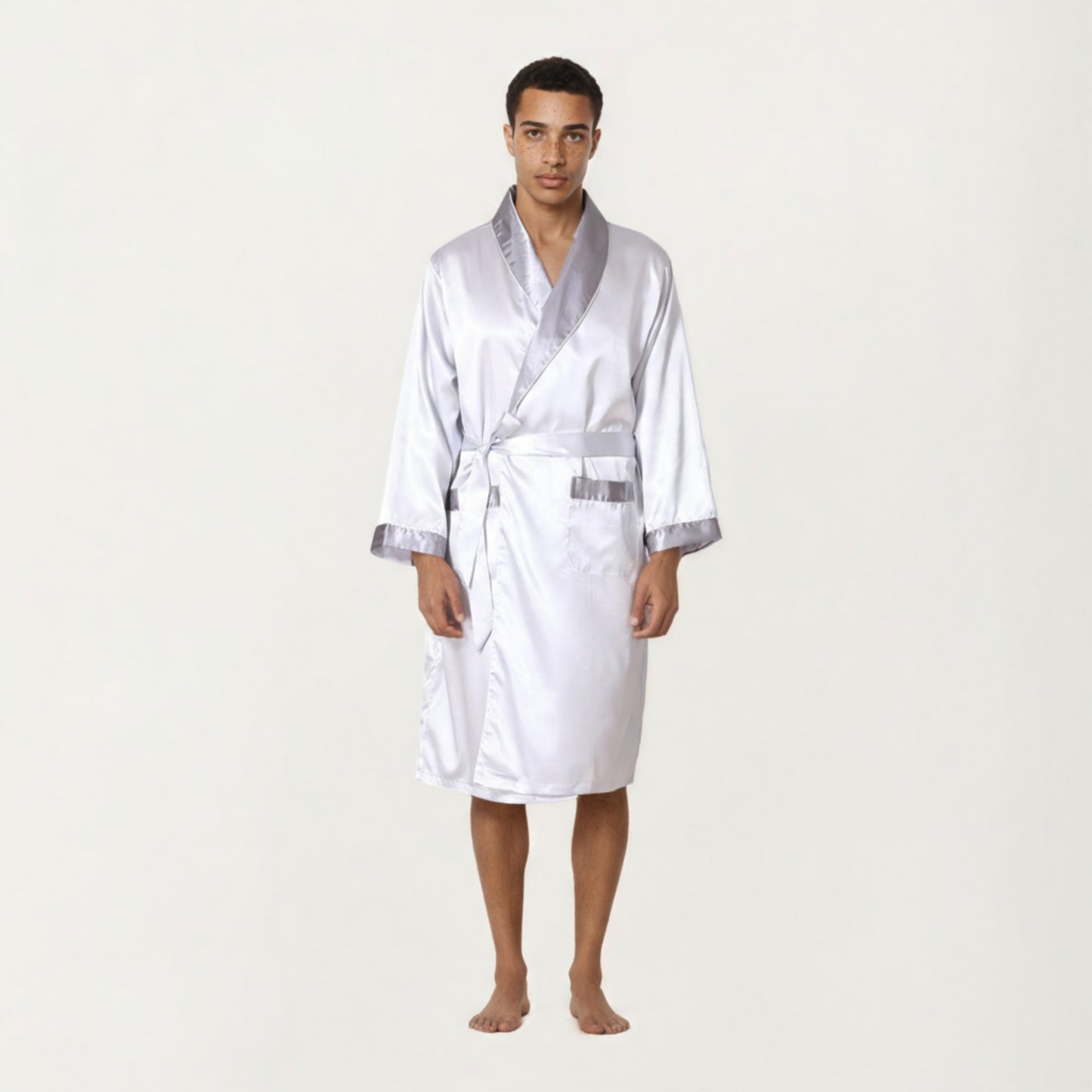 Men's Satin Robe with Shawl Collar Waist Tie and Front Pockets