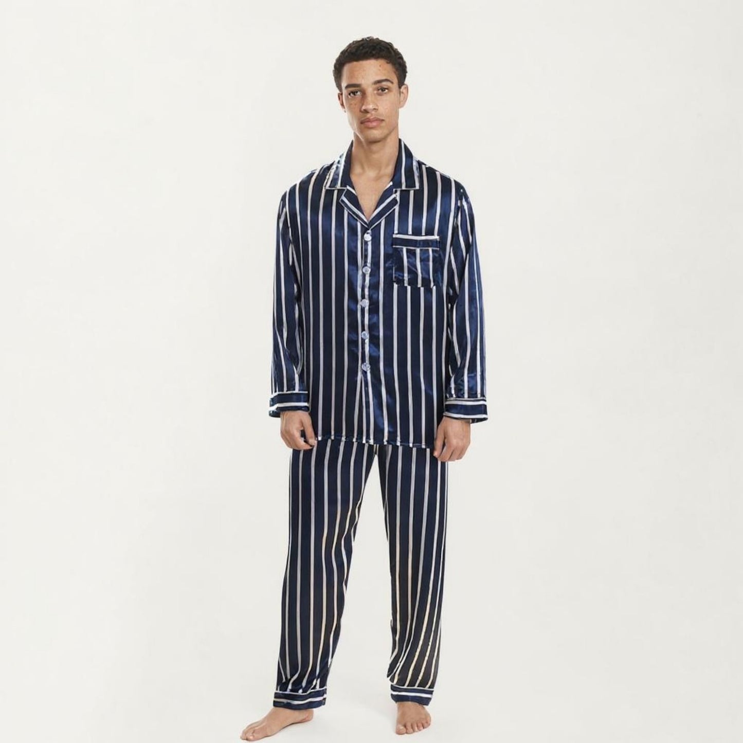 Men's 2-Piece Set Satin Pajamas with Vertical Stripe Pattern and Button-Up Top