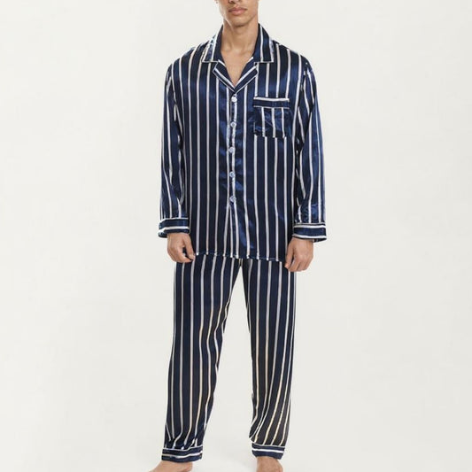 Men's 2-Piece Set Satin Pajamas with Vertical Stripe Pattern and Button-Up Top