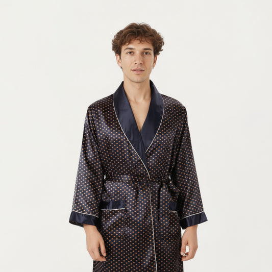 Men's Satin Robe with Polka Dot Print Contrast Shawl Collar and Waist Tie