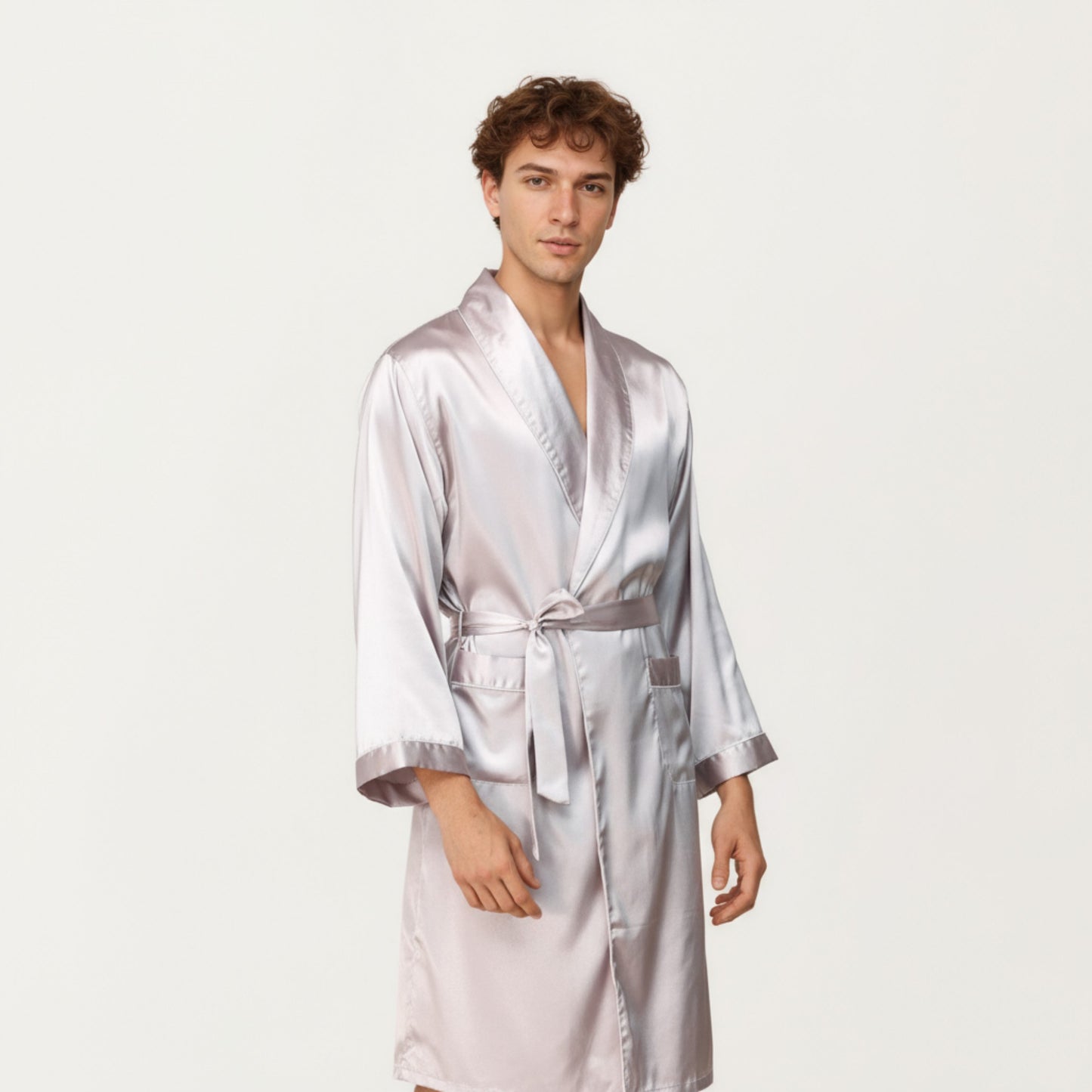 Men's Satin Robe with Shawl Collar Waist Tie and Front Pockets