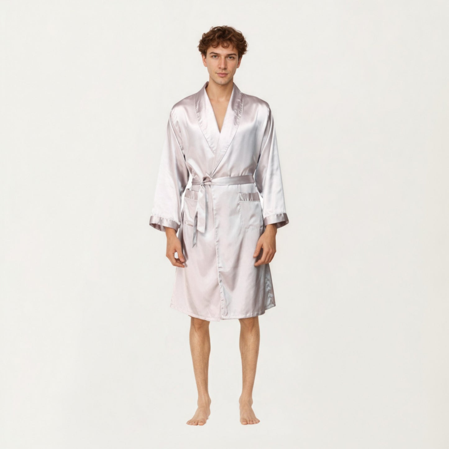 Men's Satin Robe with Shawl Collar Waist Tie and Front Pockets