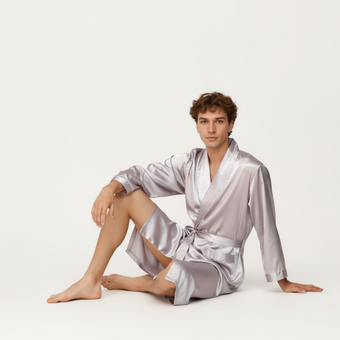 Men's Satin Robe with Shawl Collar Waist Tie and Front Pockets