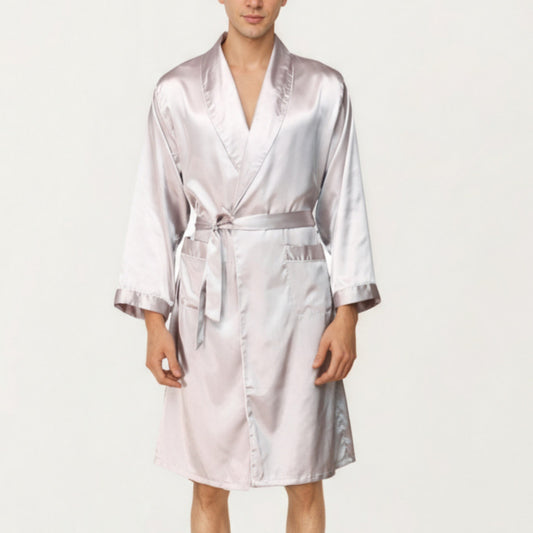 Men's Satin Robe with Shawl Collar Waist Tie and Front Pockets