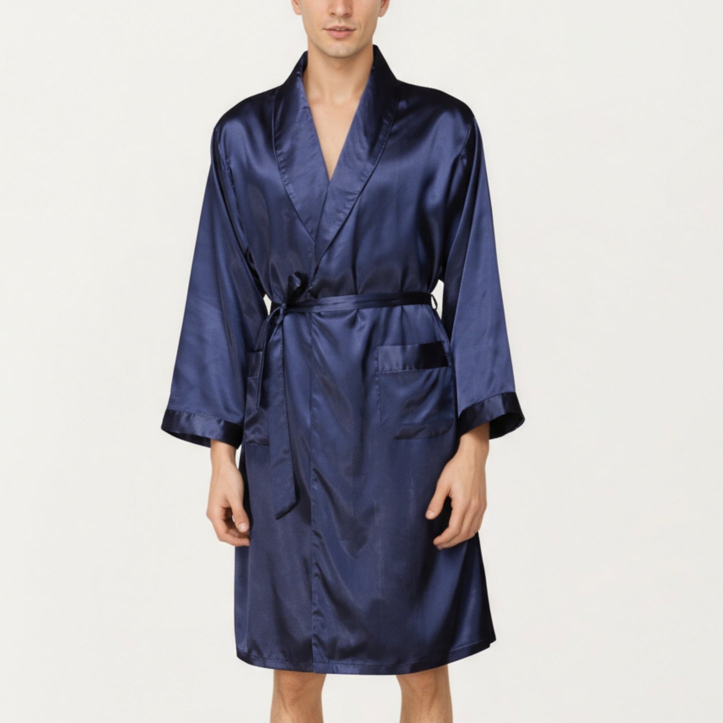 Men's Satin Robe with Shawl Collar Waist Tie and Front Pockets
