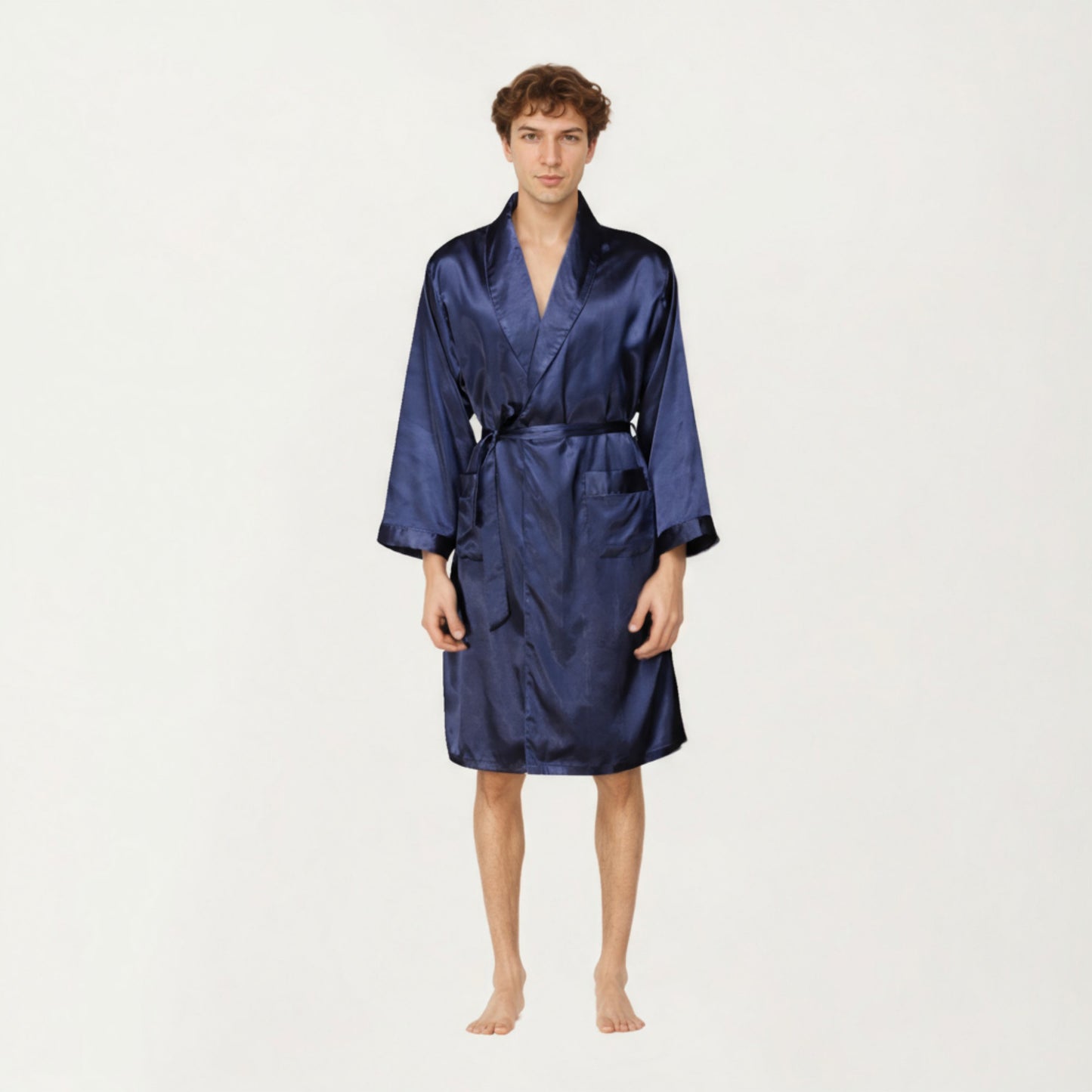 Men's Satin Robe with Shawl Collar Waist Tie and Front Pockets
