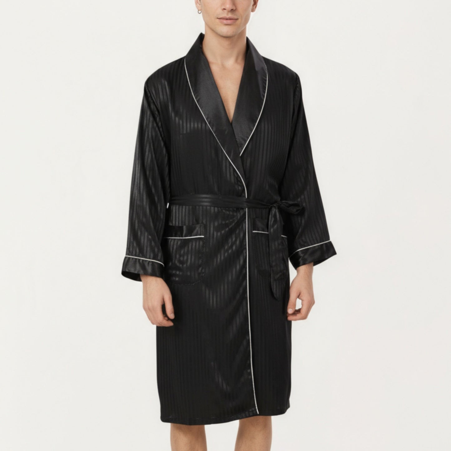 Men's Satin Robe with Subtle Stripe Texture Contrast Trim and Waist Tie