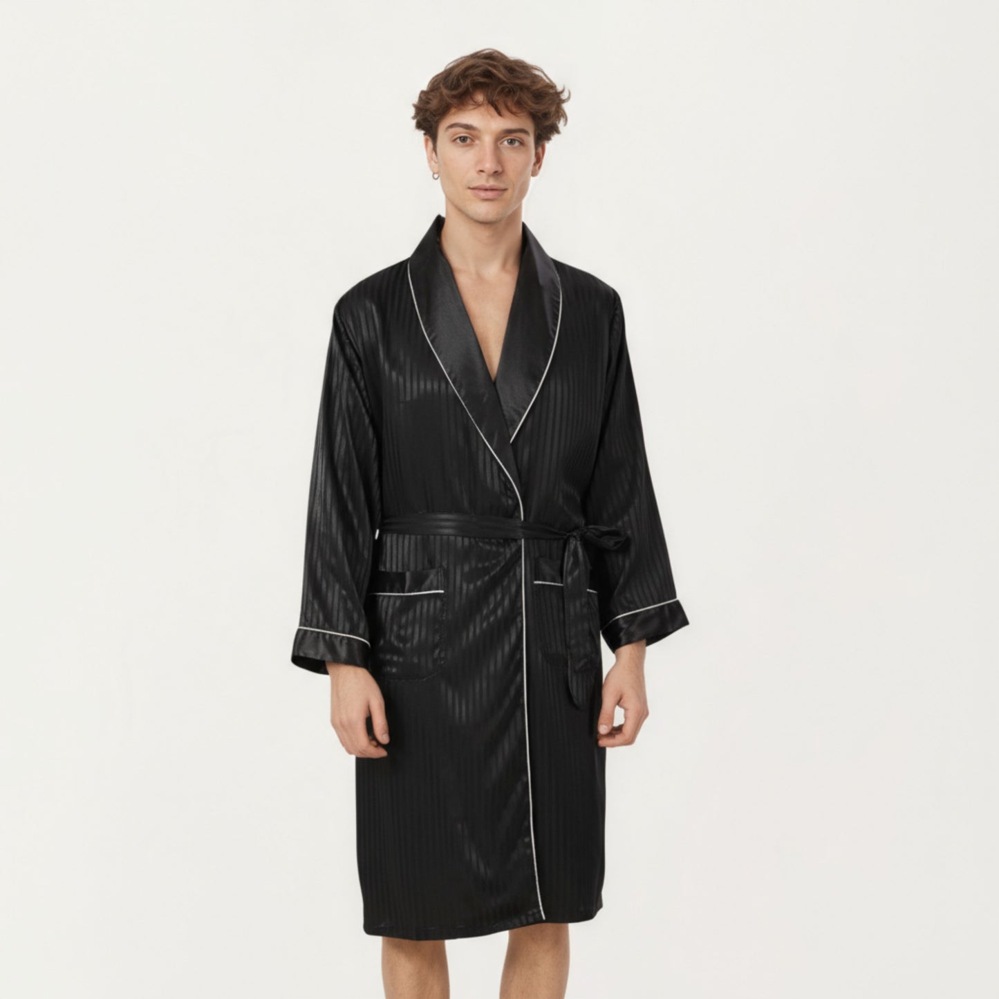 Men's Satin Robe with Subtle Stripe Texture Contrast Trim and Waist Tie
