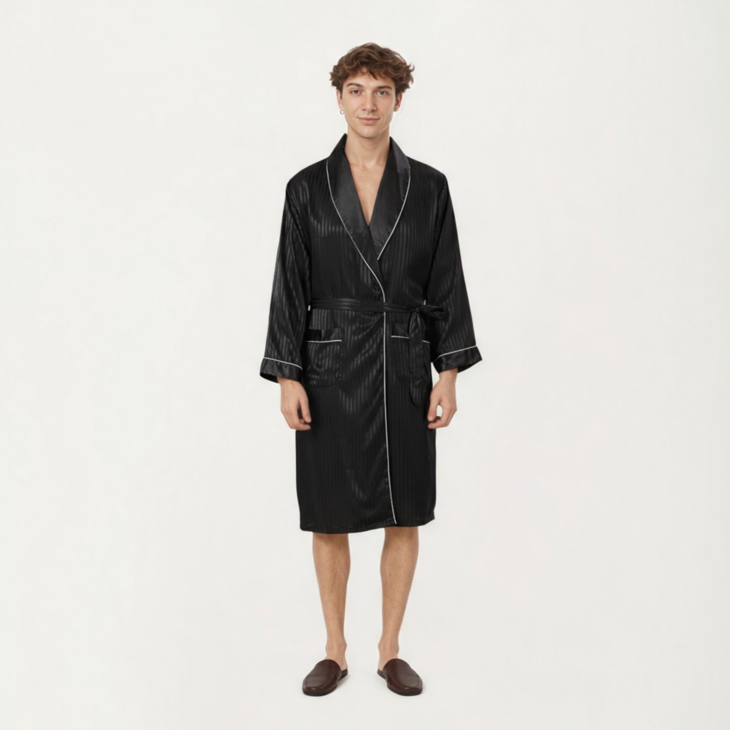 Men's Satin Robe with Subtle Stripe Texture Contrast Trim and Waist Tie