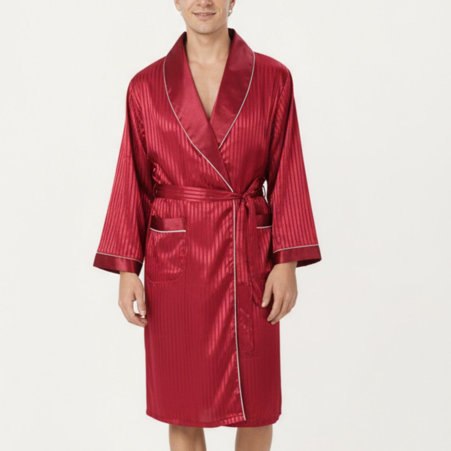 Men's Satin Robe with Subtle Stripe Texture Contrast Trim and Waist Tie