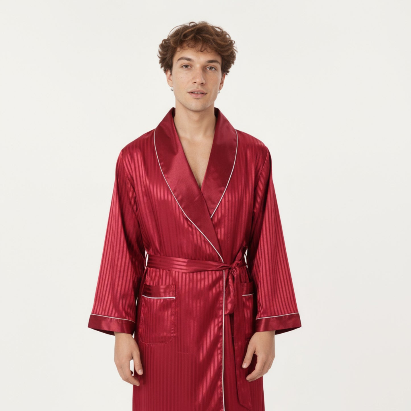 Men's Satin Robe with Subtle Stripe Texture Contrast Trim and Waist Tie