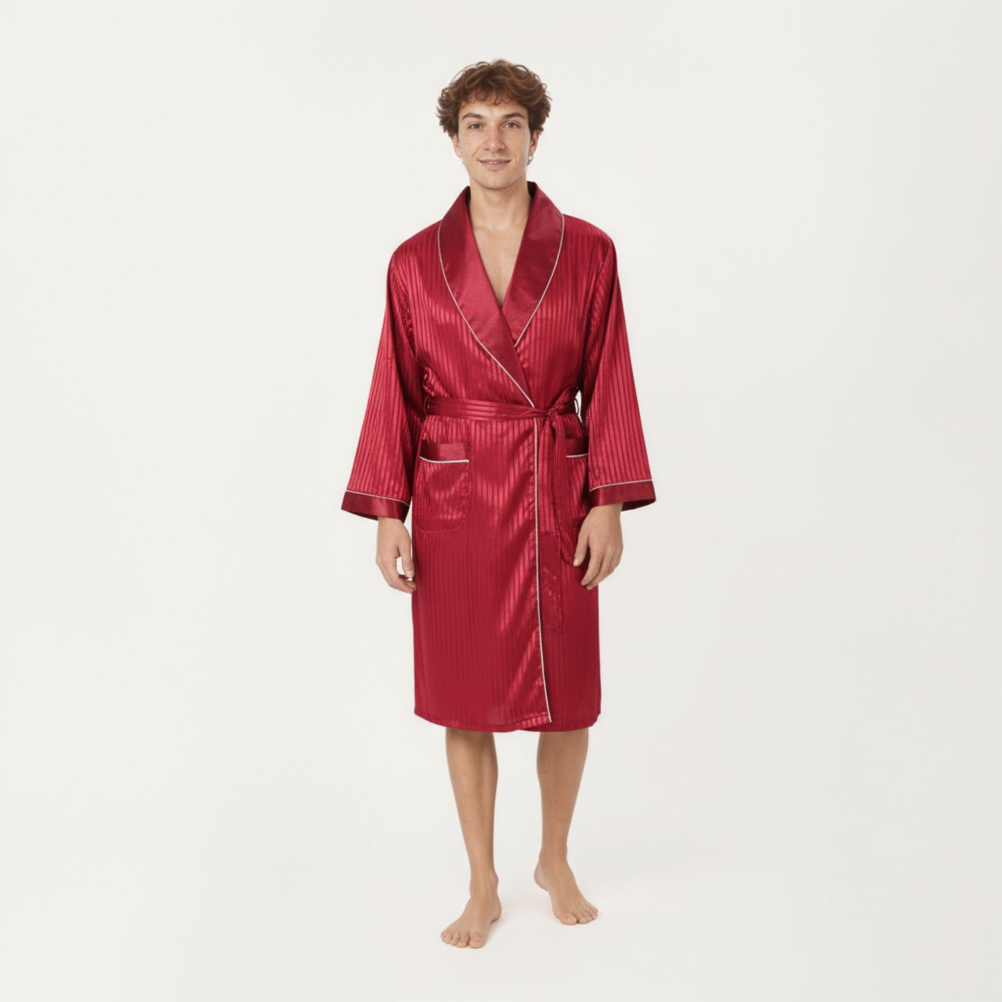 Men's Satin Robe with Subtle Stripe Texture Contrast Trim and Waist Tie