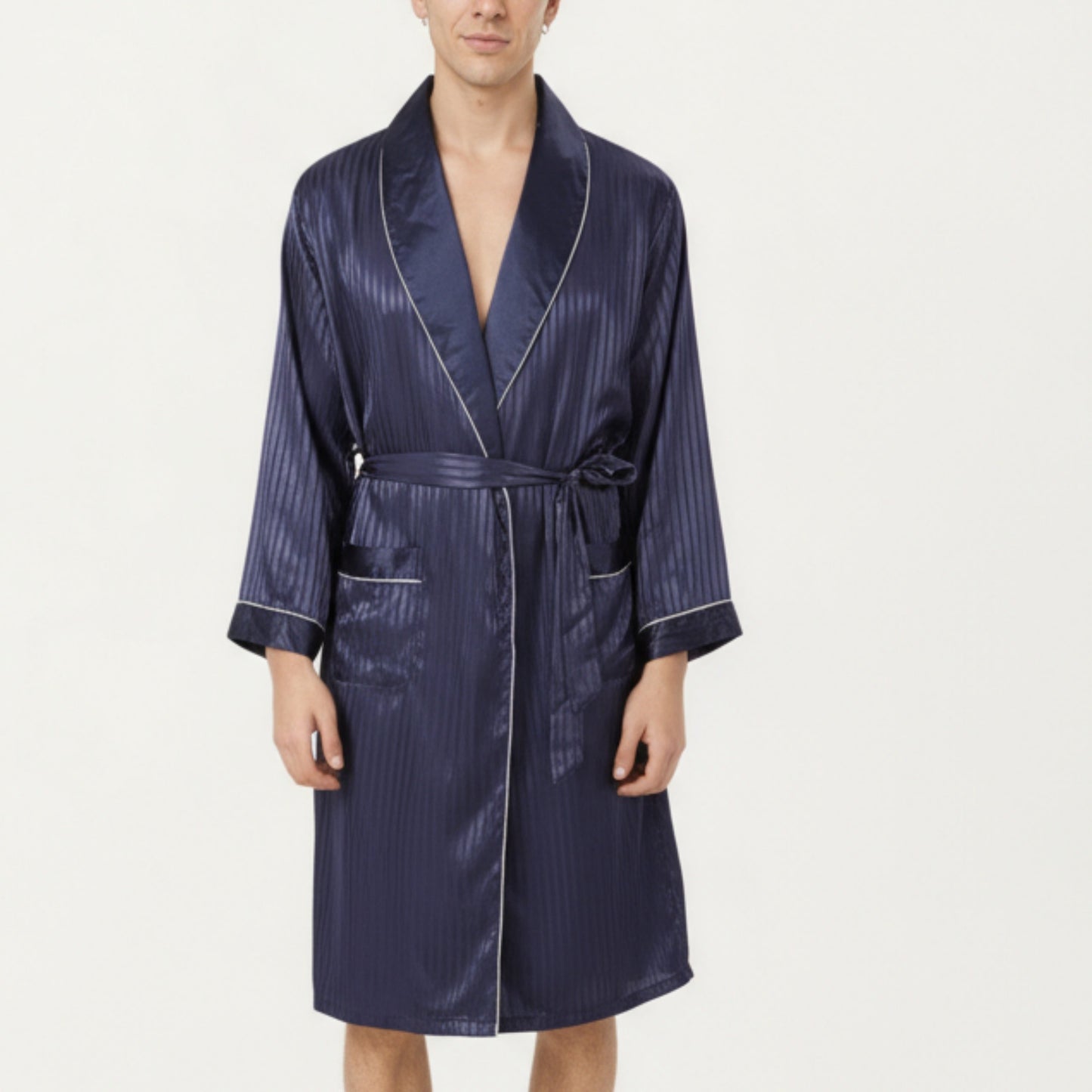 Men's Satin Robe with Subtle Stripe Texture Contrast Trim and Waist Tie