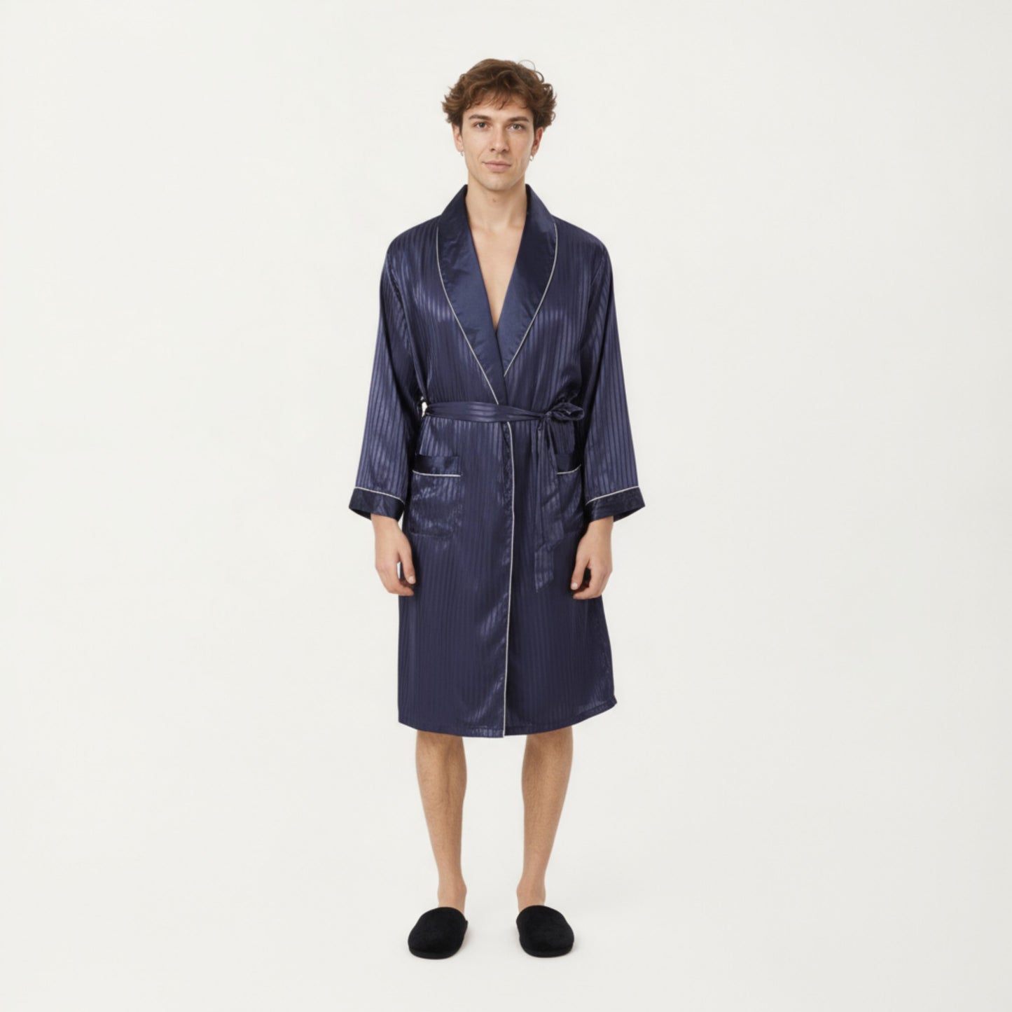 Men's Satin Robe with Subtle Stripe Texture Contrast Trim and Waist Tie