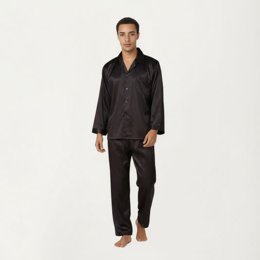 Men's 2-Piece Set Satin Pajamas with Subtle Stripe Pattern and Button-Up Top