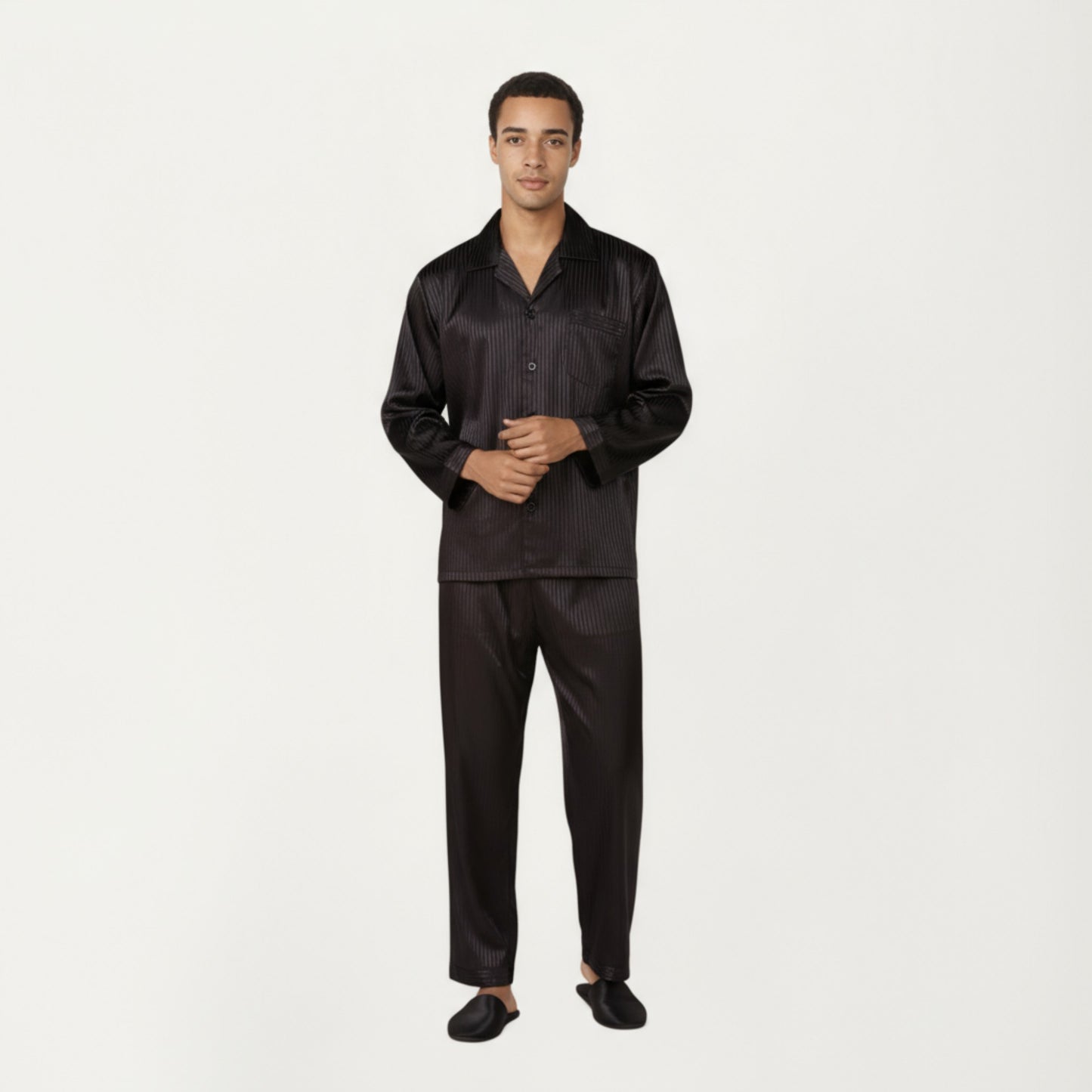 Men's 2-Piece Set Satin Pajamas with Subtle Stripe Pattern and Button-Up Top