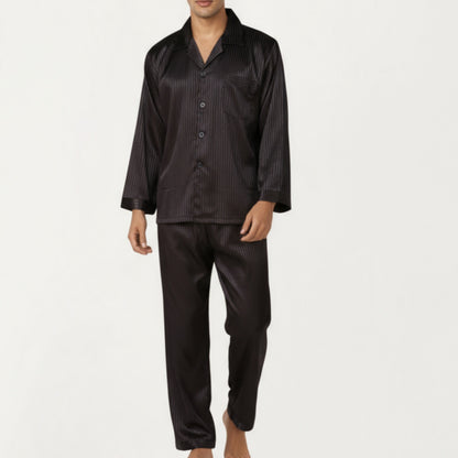 Men's 2-Piece Set Satin Pajamas with Subtle Stripe Pattern and Button-Up Top