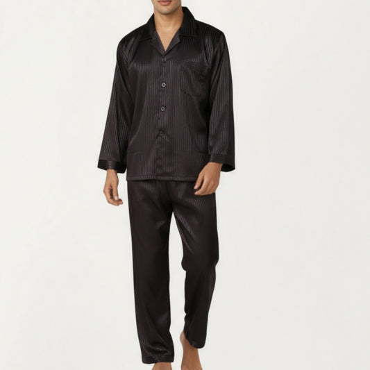 Men's 2-Piece Set Satin Pajamas with Subtle Stripe Pattern and Button-Up Top