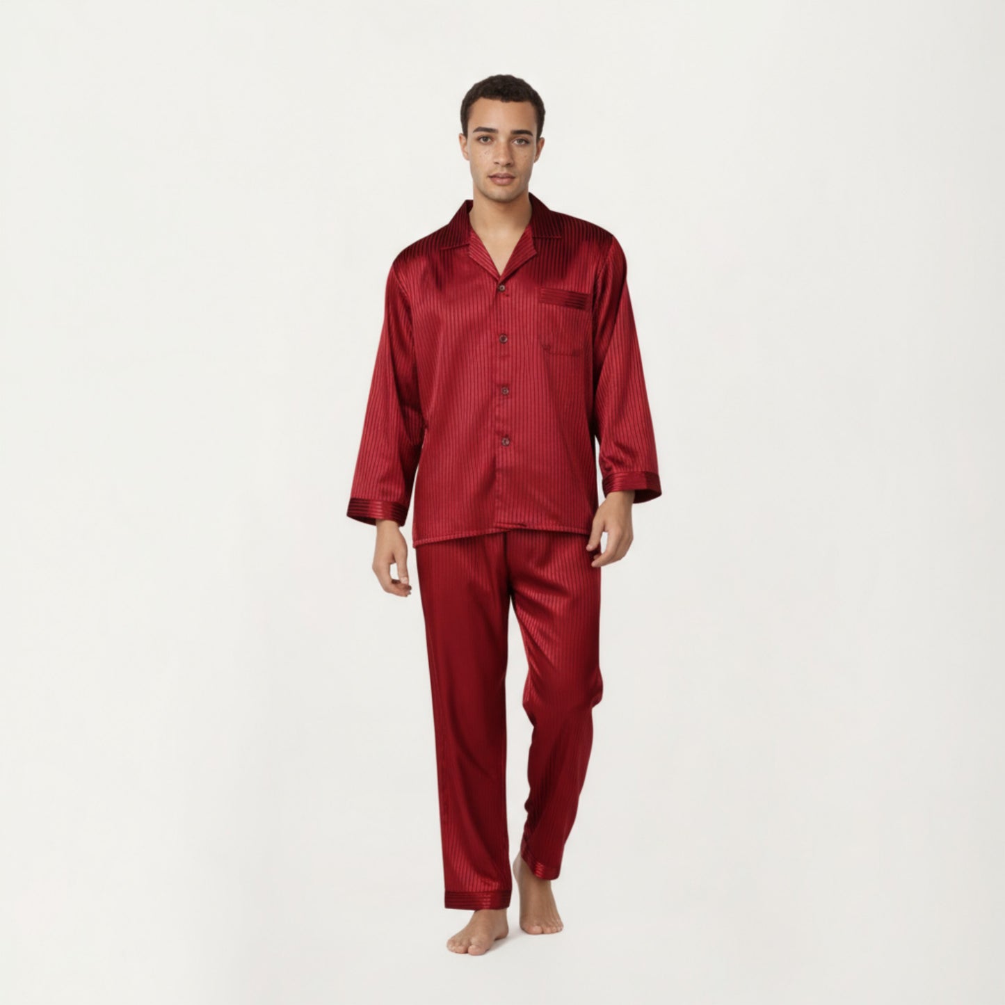 Men's 2-Piece Set Satin Pajamas with Subtle Stripe Pattern and Button-Up Top