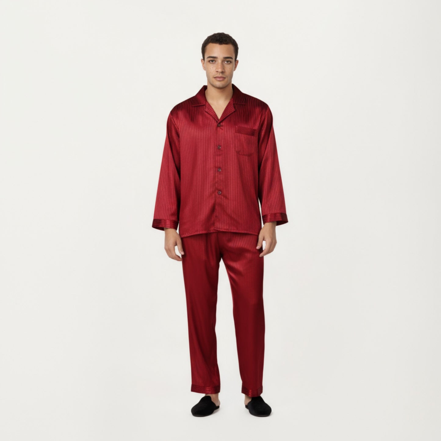 Men's 2-Piece Set Satin Pajamas with Subtle Stripe Pattern and Button-Up Top