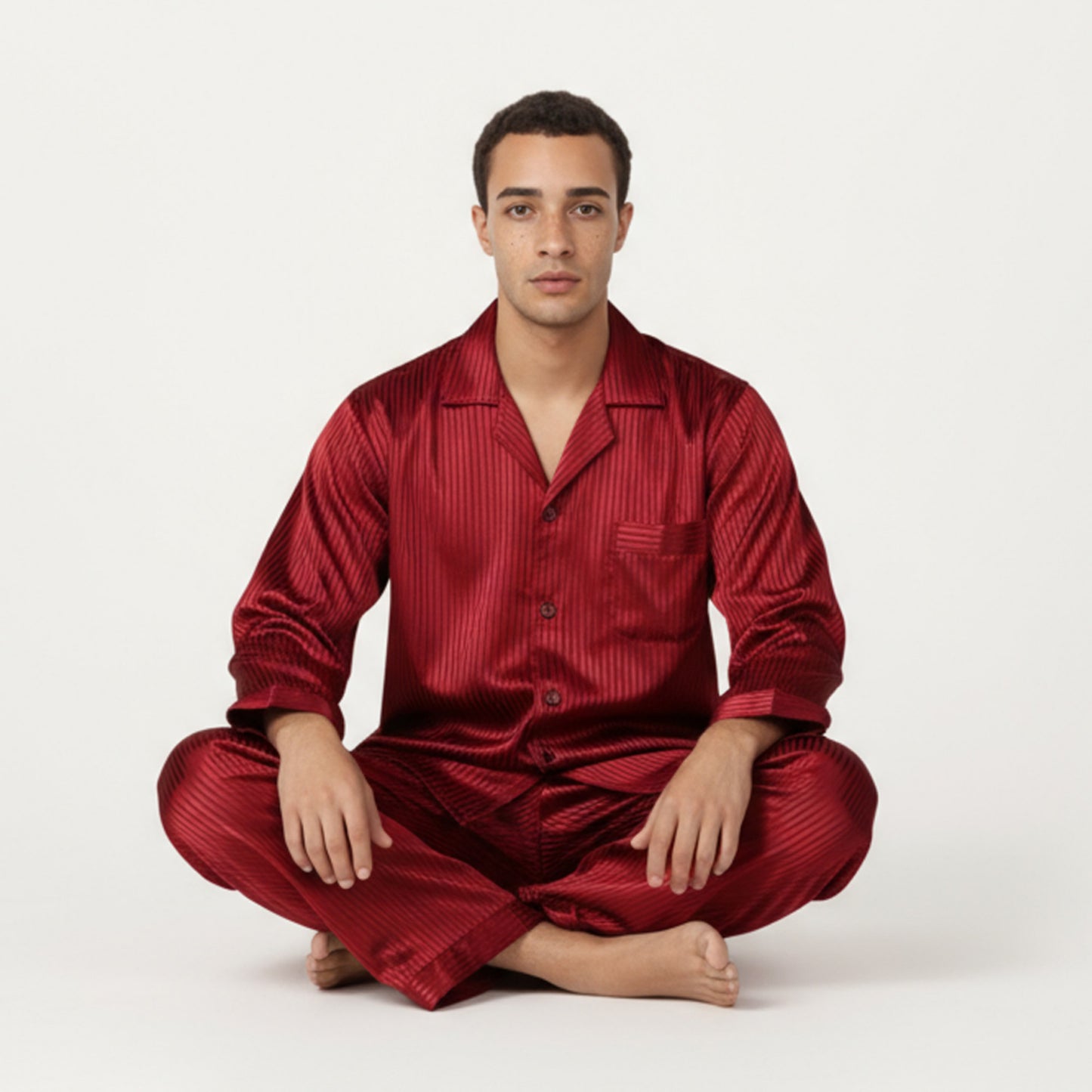 Men's 2-Piece Set Satin Pajamas with Subtle Stripe Pattern and Button-Up Top